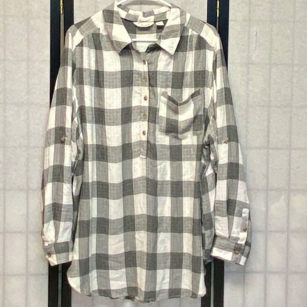 Caffe Marrakesh Large Check Button Front & Back Tunic Shirt 2X Oversize Boho